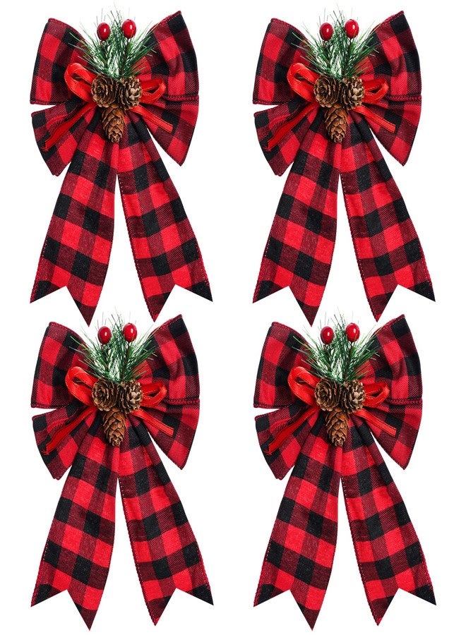 SUMERSHA 4 Pieces Buffalo Plaid Wreath Bow with Pinecones Red Check Bow Ribbon for Wreath Garland Christmas Tree Topper Ornament, Party Decoration, Gifts Wrapping - Image 1